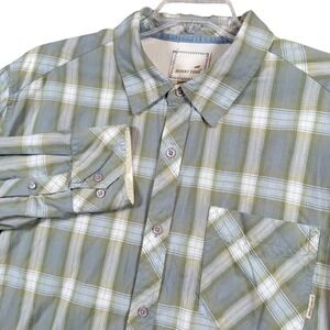HORNY TOAD Mens XL Classic Plaid Long Sleeve Button Up Shirt Khaki Green Blue